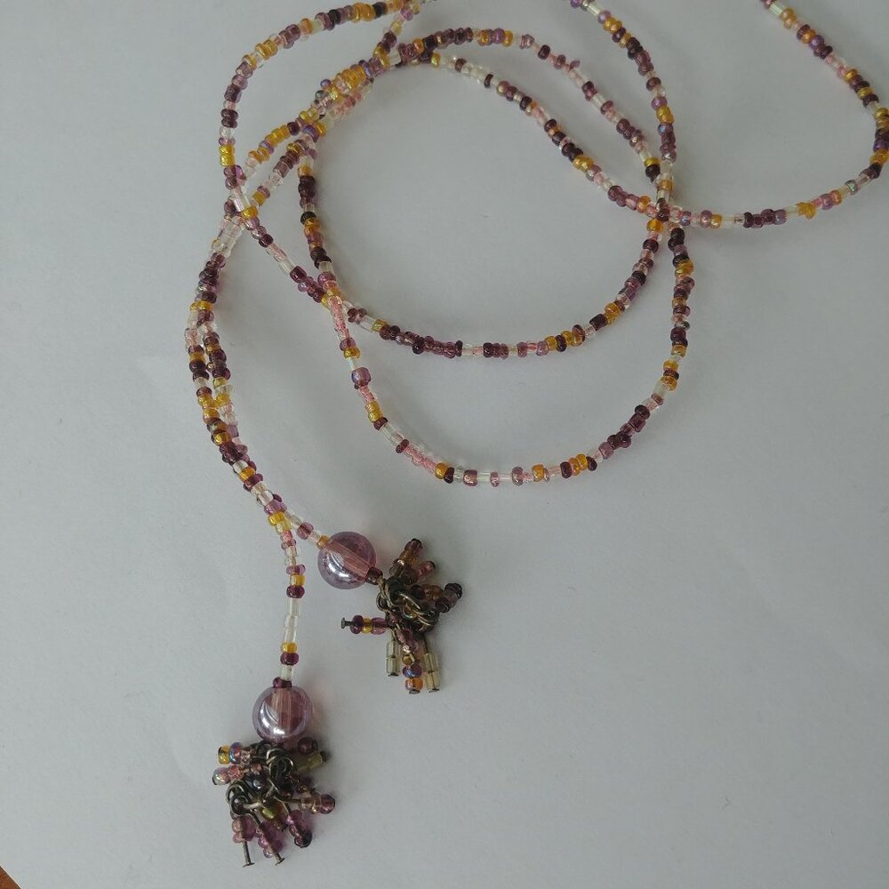 4/$20 Long string of beads tie necklace belt purple yellow silver